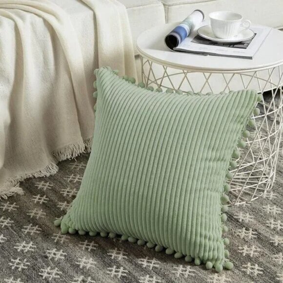 Moss Green Luxury Farmhouse Dorm Velvet Pompom Cute Throw Pillow Cover/CaseSet - Picture 2 of 8